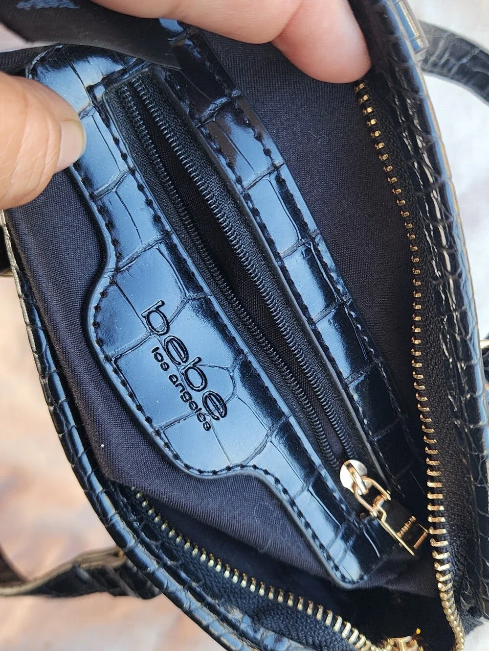 bebe Black Croc-Embossed Patent Satchel with Silver Logo